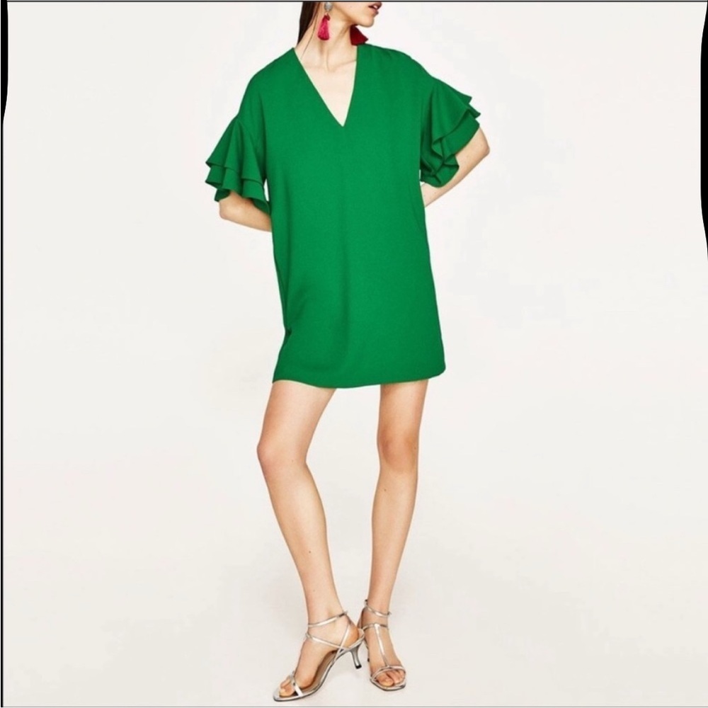 Zara Green Ruffle Sleeve mini Dress